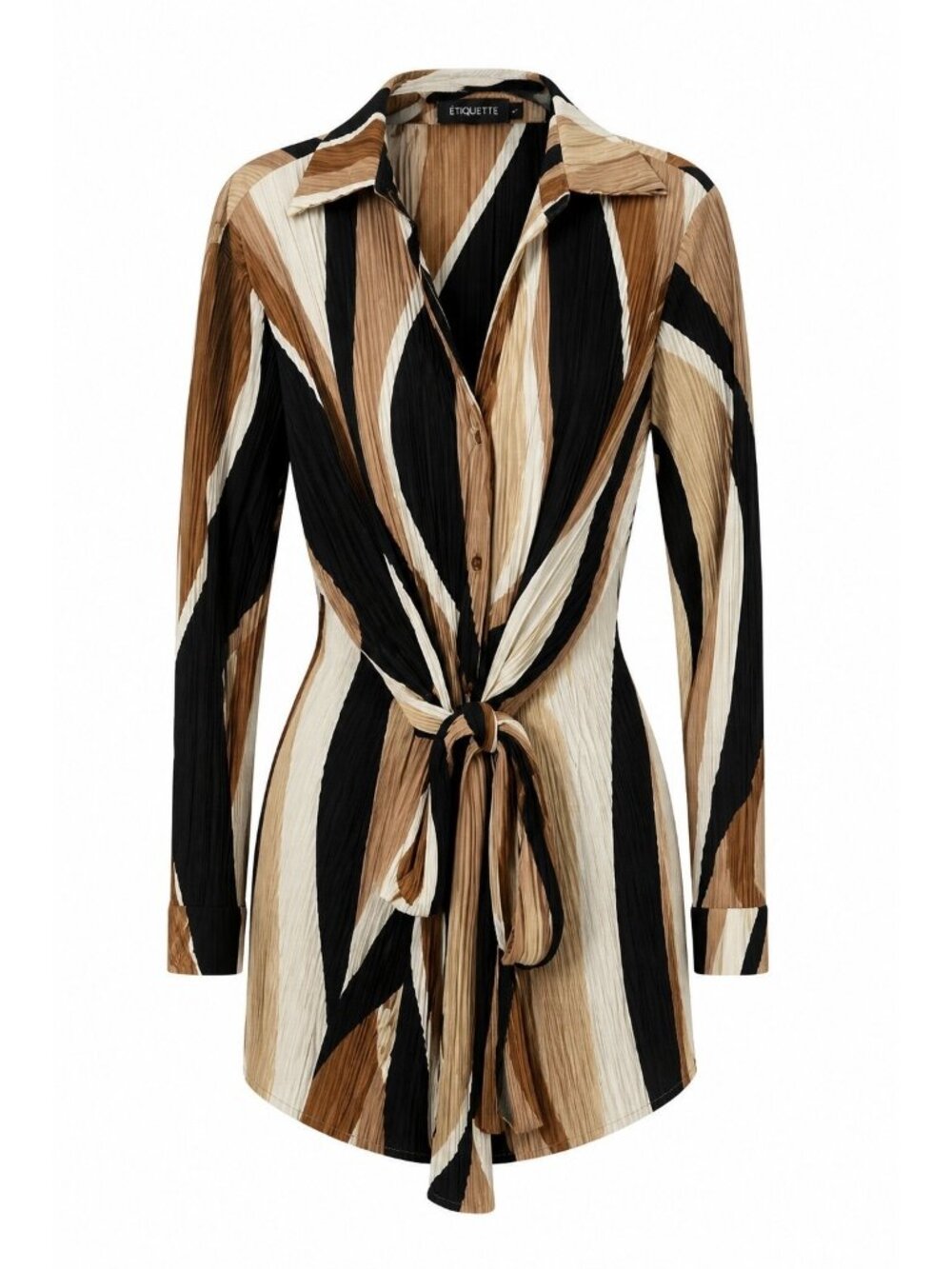 Etiquette Women Button front Shirt Dress Brown black Geometric long sleeve L